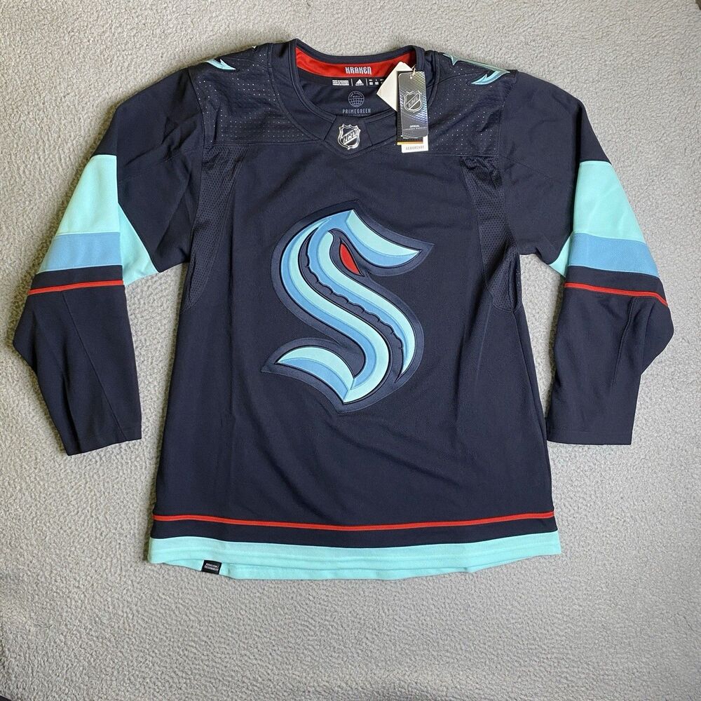 Seattle Kraken Adidas Jersey Mens 52 Home Authentic Pro Stitched Fight Strap NWT